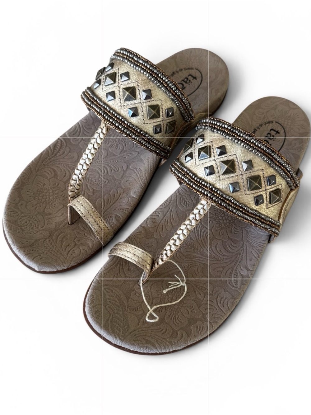 Taos NEW Genie Gold Beaded and Studded Sandals Toe Strap 11